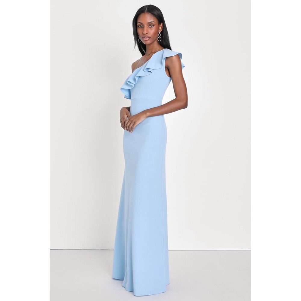 Lulu's Light Blue One-Shoulder Ruffle Maxi Dress - Picture 2 of 12